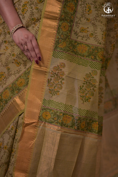 Siyahi - Light Green Handwoven Hand Block Printed Gold Zari Border Cotton Saree-Rutambhara-RUTAMBHARA