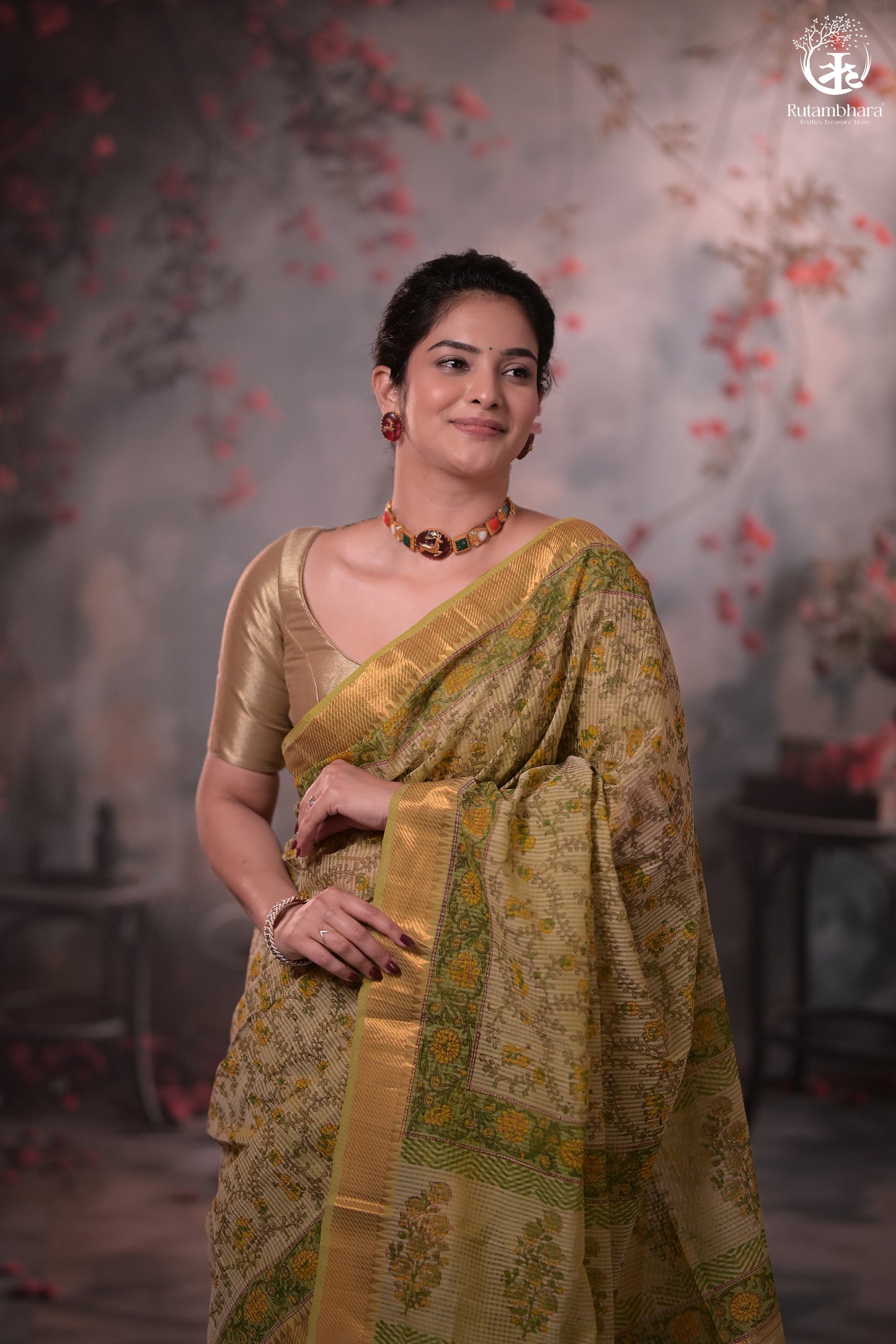 Siyahi - Light Green Handwoven Hand Block Printed Gold Zari Border Cotton Saree