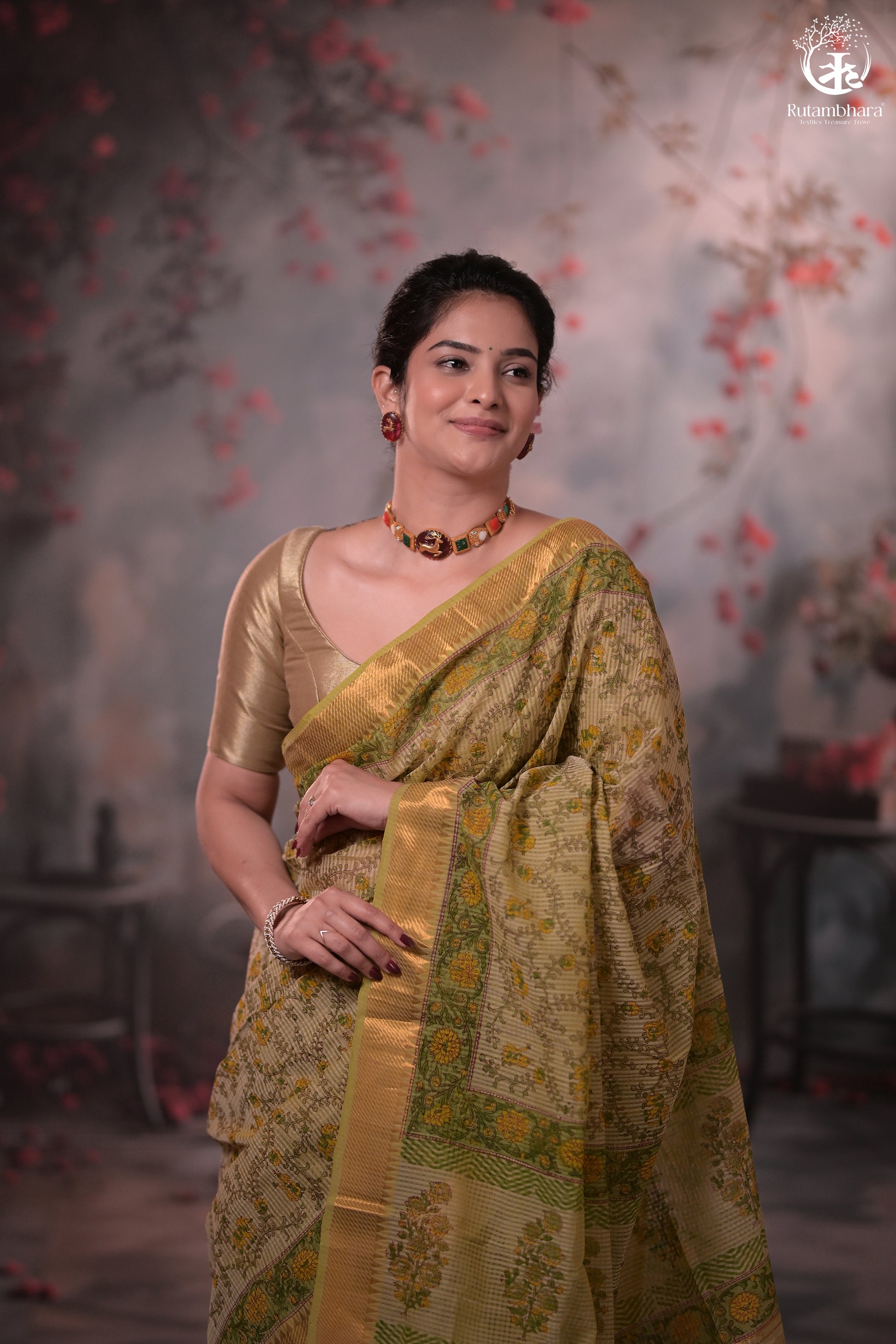 Siyahi - Light Green Handwoven Hand Block Printed Gold Zari Border Cotton Saree-Rutambhara-RUTAMBHARA