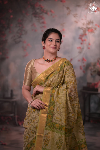 Siyahi - Light Green Handwoven Hand Block Printed Gold Zari Border Cotton Saree-Rutambhara-RUTAMBHARA