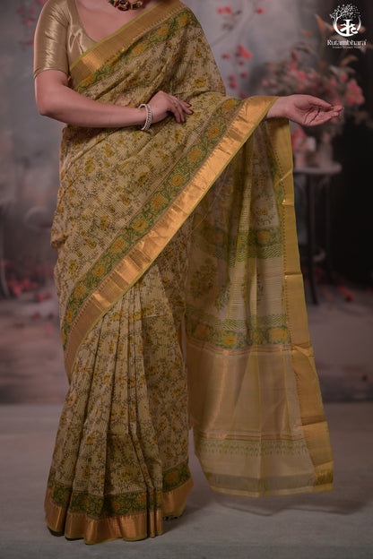 Siyahi - Light Green Handwoven Hand Block Printed Gold Zari Border Cotton Saree-Rutambhara-RUTAMBHARA