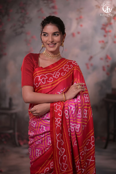 Pink Handcrafted Bandhani Gajji Silk Saree-Rutambhara-RUTAMBHARA