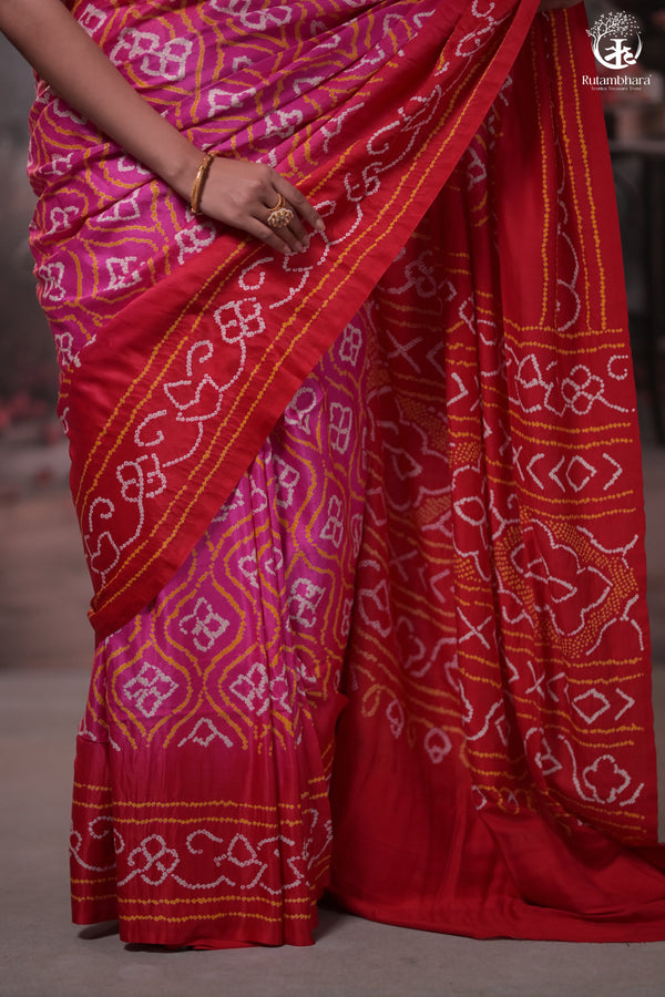 Pink Handcrafted Bandhani Gajji Silk Saree-Rutambhara-RUTAMBHARA