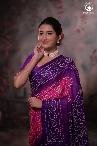 Elegant Gajji Silk Bandhani Saree – Purple & Pink Ombre-RUTAMBHARA-RUTAMBHARA