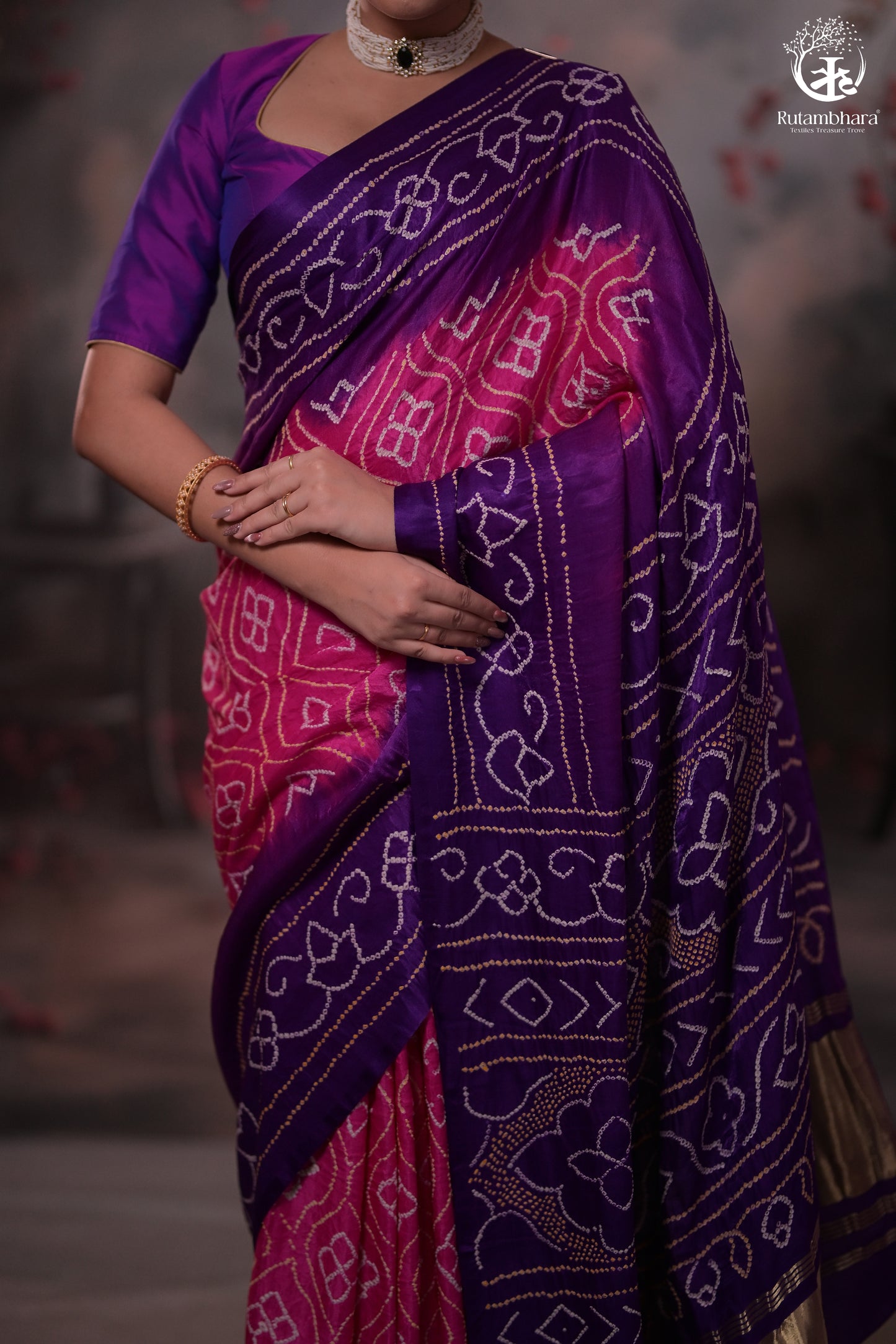 Elegant Gajji Silk Bandhani Saree – Purple & Pink Ombre