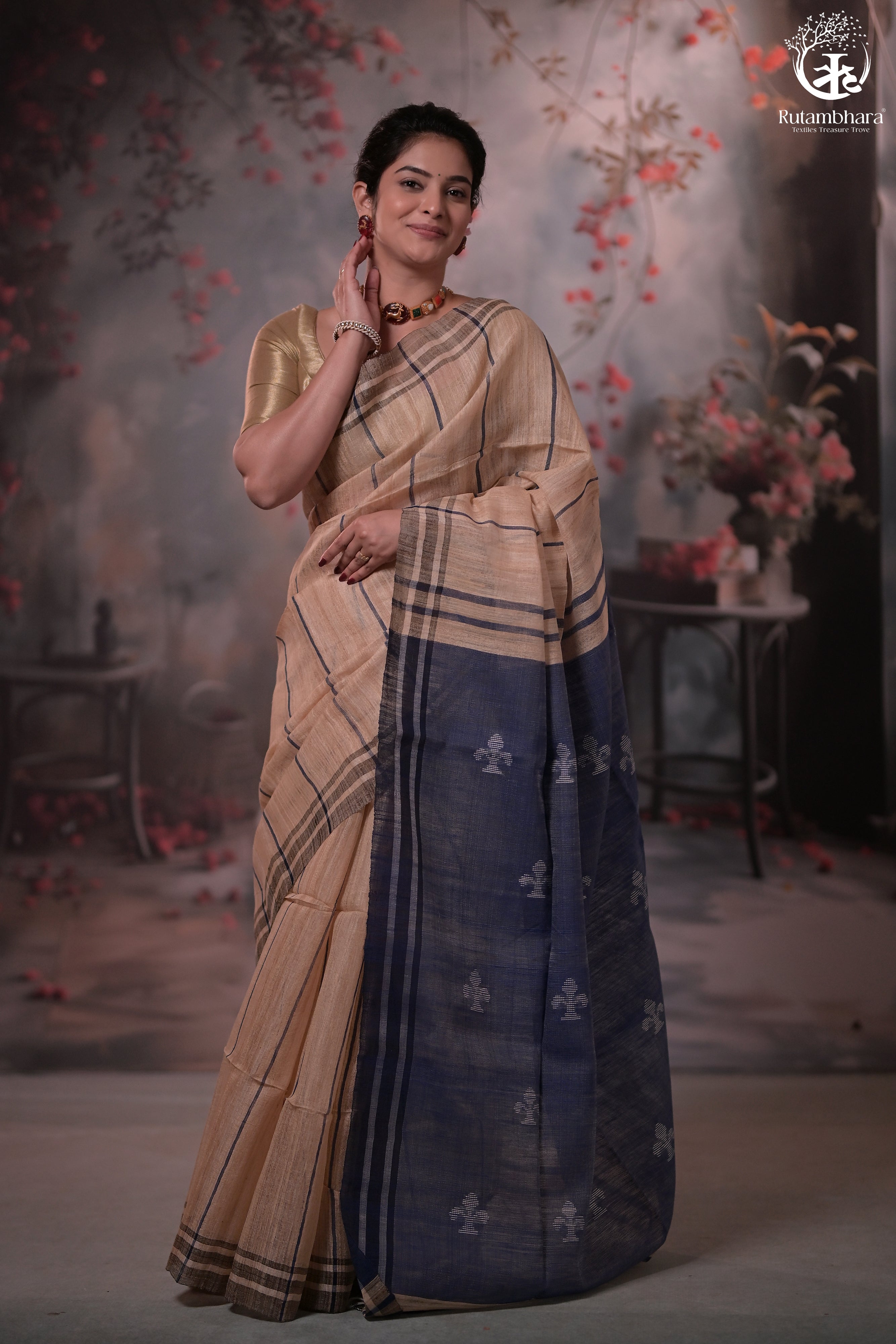Beige and Indigo Tussar Cotton Saree