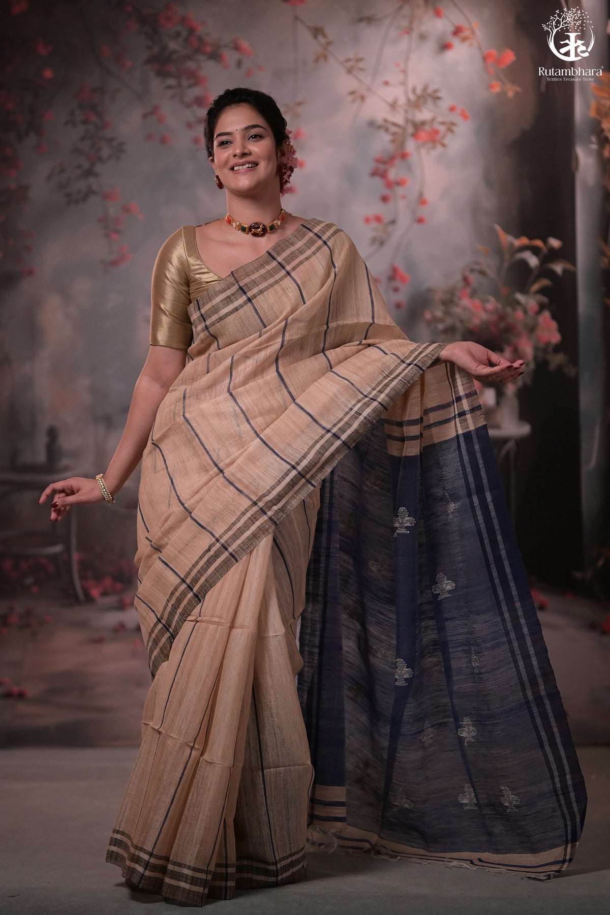 Beige and Indigo Tussar Cotton Saree