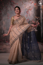 Beige and Indigo Tussar Cotton Saree-Rutambhara-RUTAMBHARA