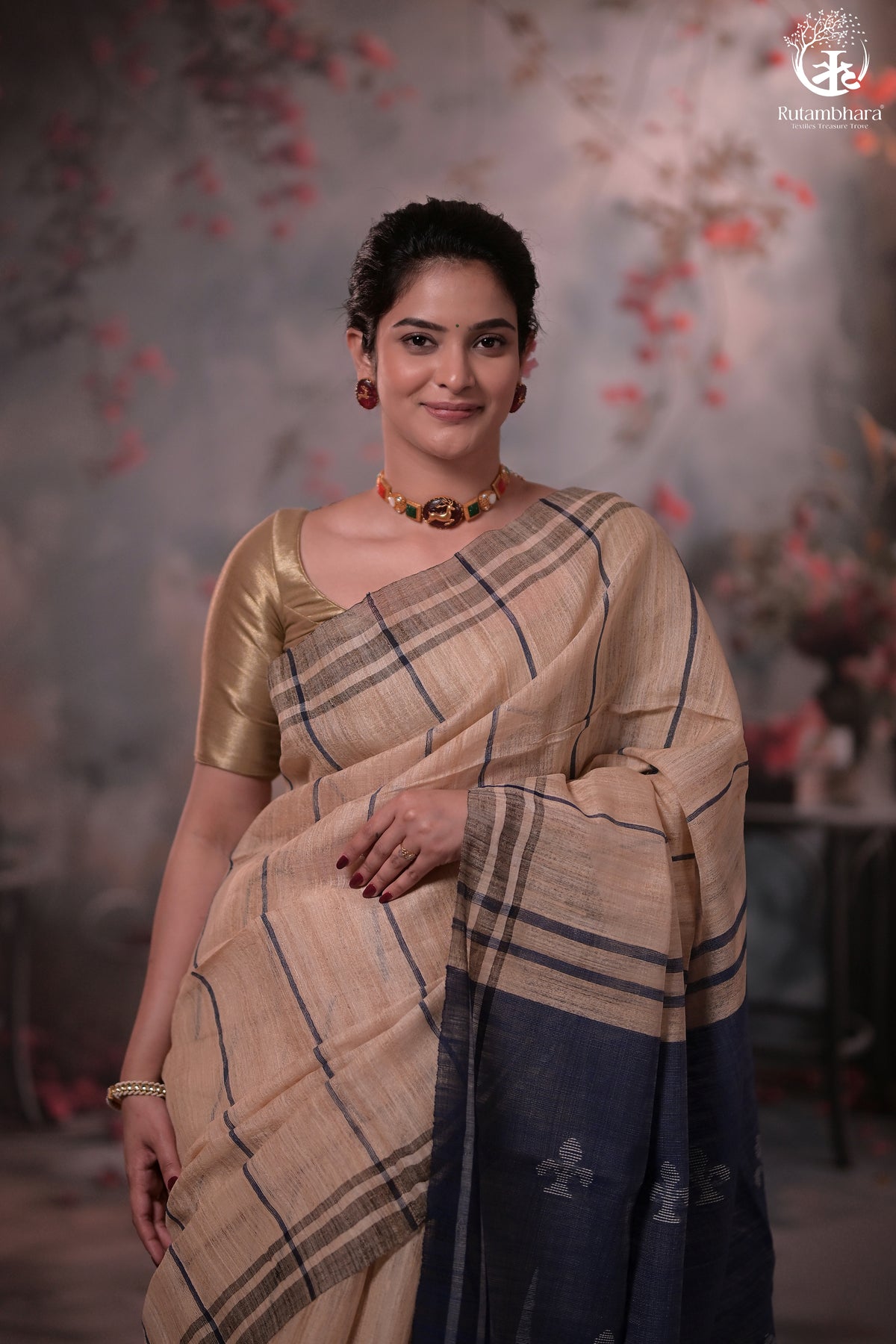 Beige and Indigo Tussar Cotton Saree