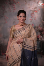 Beige and Indigo Tussar Cotton Saree-Rutambhara-RUTAMBHARA