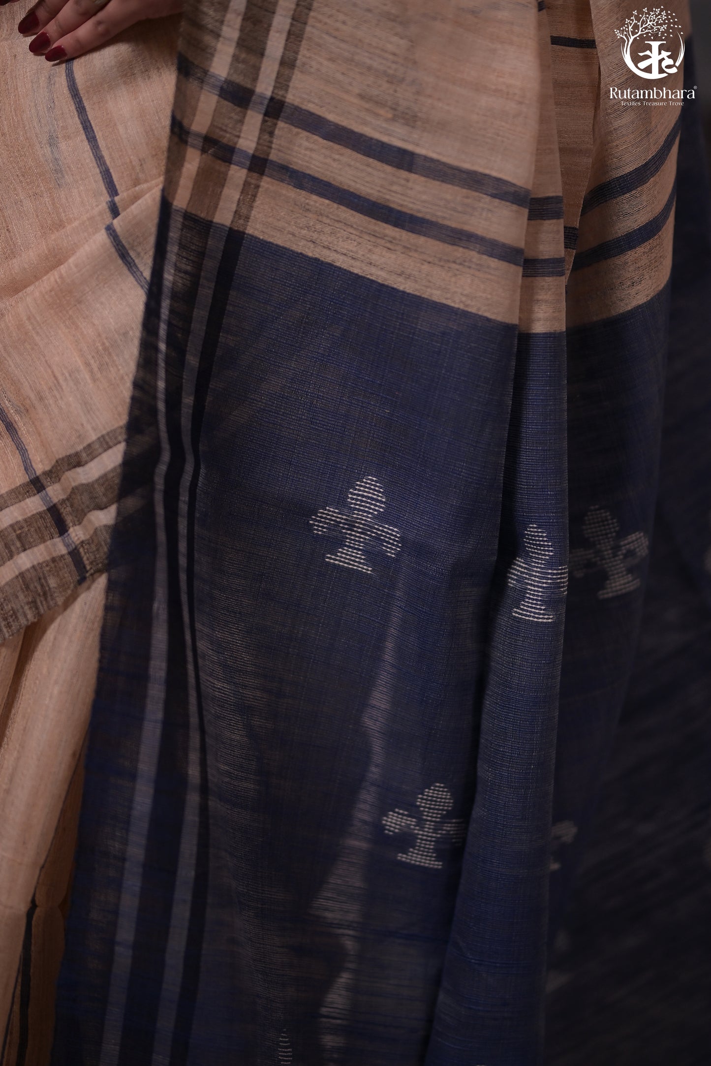 Beige and Indigo Tussar Cotton Saree