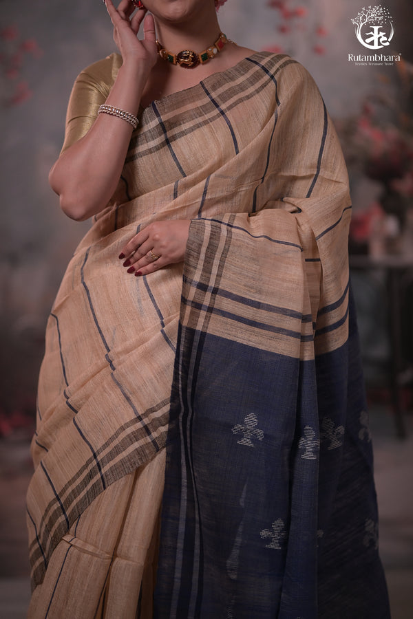 Beige and Indigo Tussar Cotton Saree-Rutambhara-RUTAMBHARA