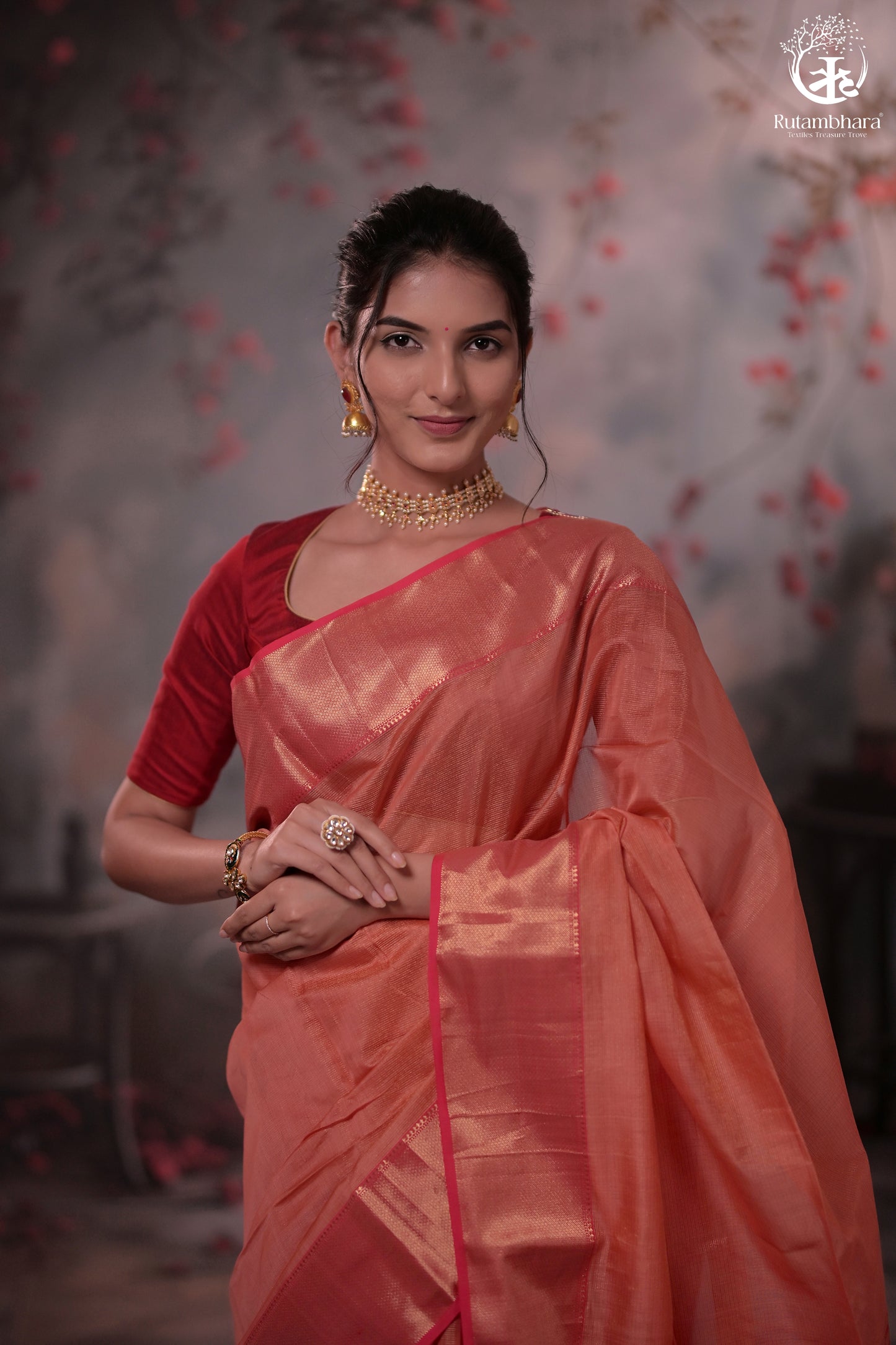 Narmaa - Peach Pink Zari Tissue With Pink Selvedge And Gold Zari Chatai Border