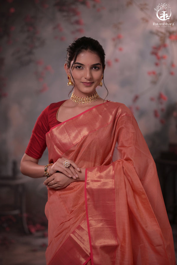 Narmaa - Peach Pink Zari Tissue With Pink Selvedge And Gold Zari Chatai Border-Rutambhara-RUTAMBHARA