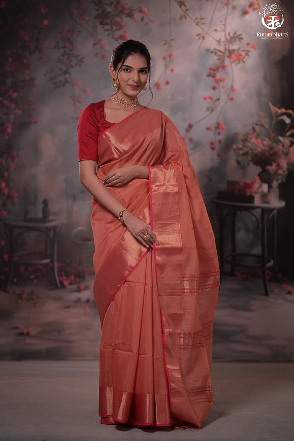 Narmaa - Peach Pink Zari Tissue With Pink Selvedge And Gold Zari Chatai Border-Rutambhara-RUTAMBHARA