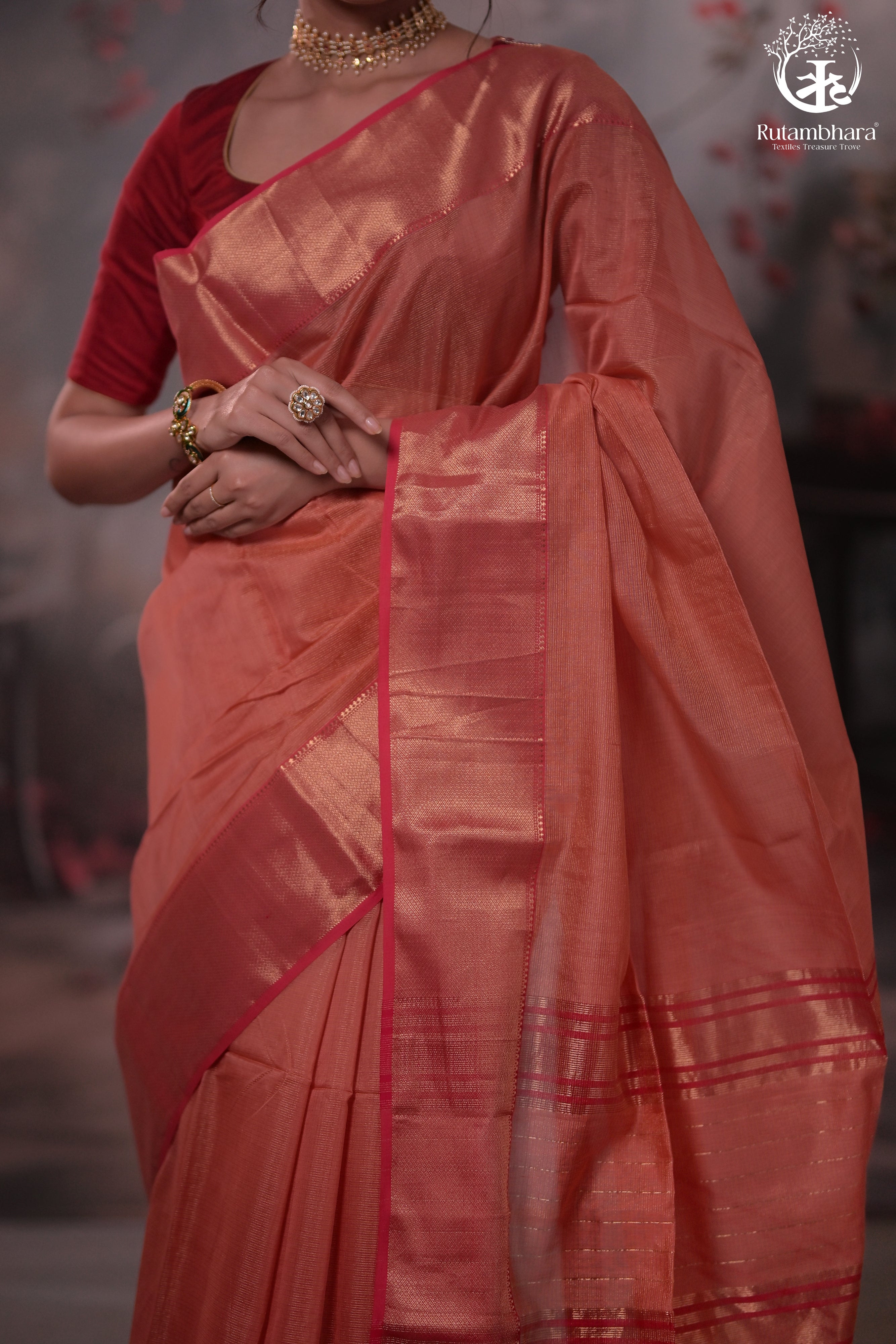 Narmaa - Peach Pink Zari Tissue With Pink Selvedge And Gold Zari Chatai Border