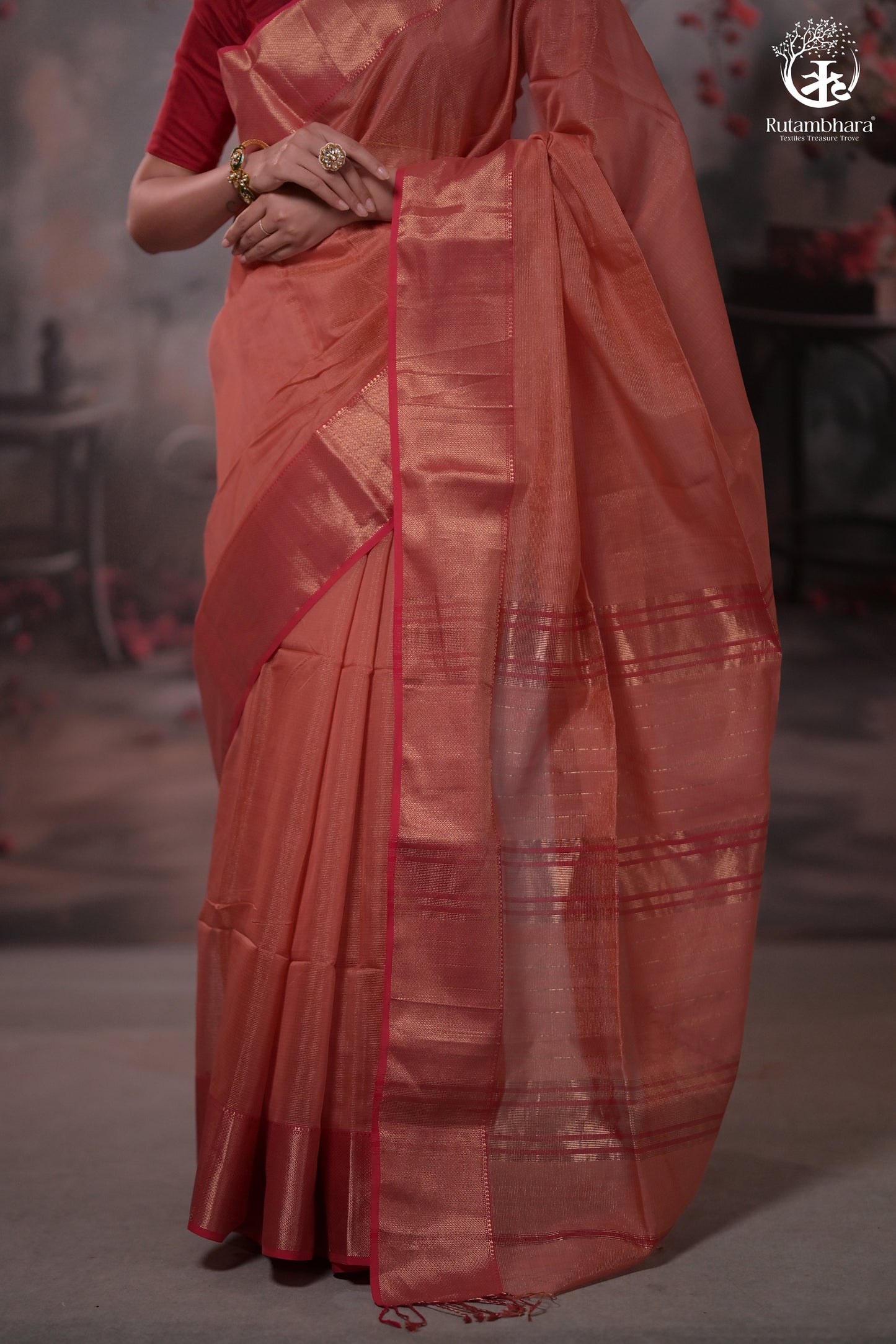 Narmaa - Peach Pink Zari Tissue With Pink Selvedge And Gold Zari Chatai Border