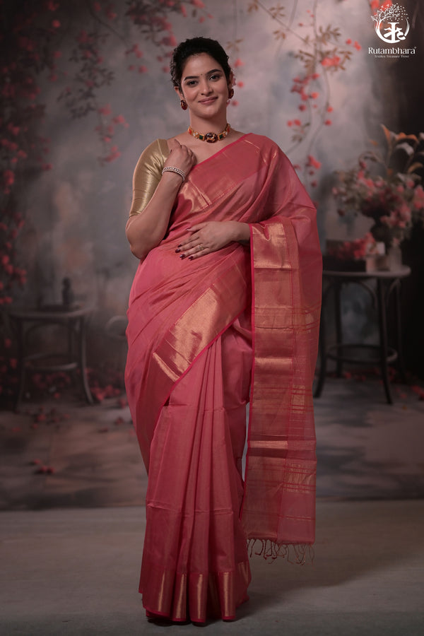 Narmaa - Light Pink Zari Tissue With Pink Selvedge And Gold Zari Chatai Border-Rutambhara-RUTAMBHARA