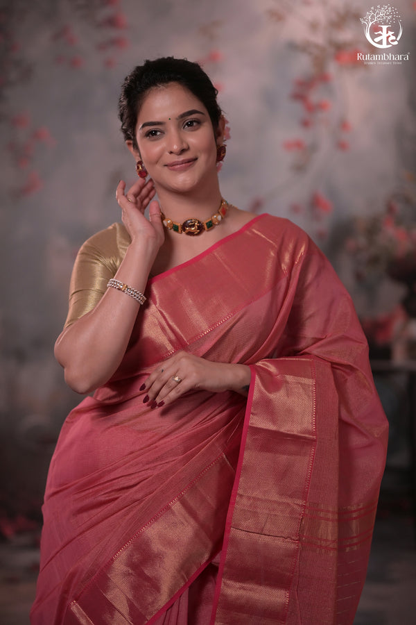 Narmaa - Light Pink Zari Tissue With Pink Selvedge And Gold Zari Chatai Border-Rutambhara-RUTAMBHARA