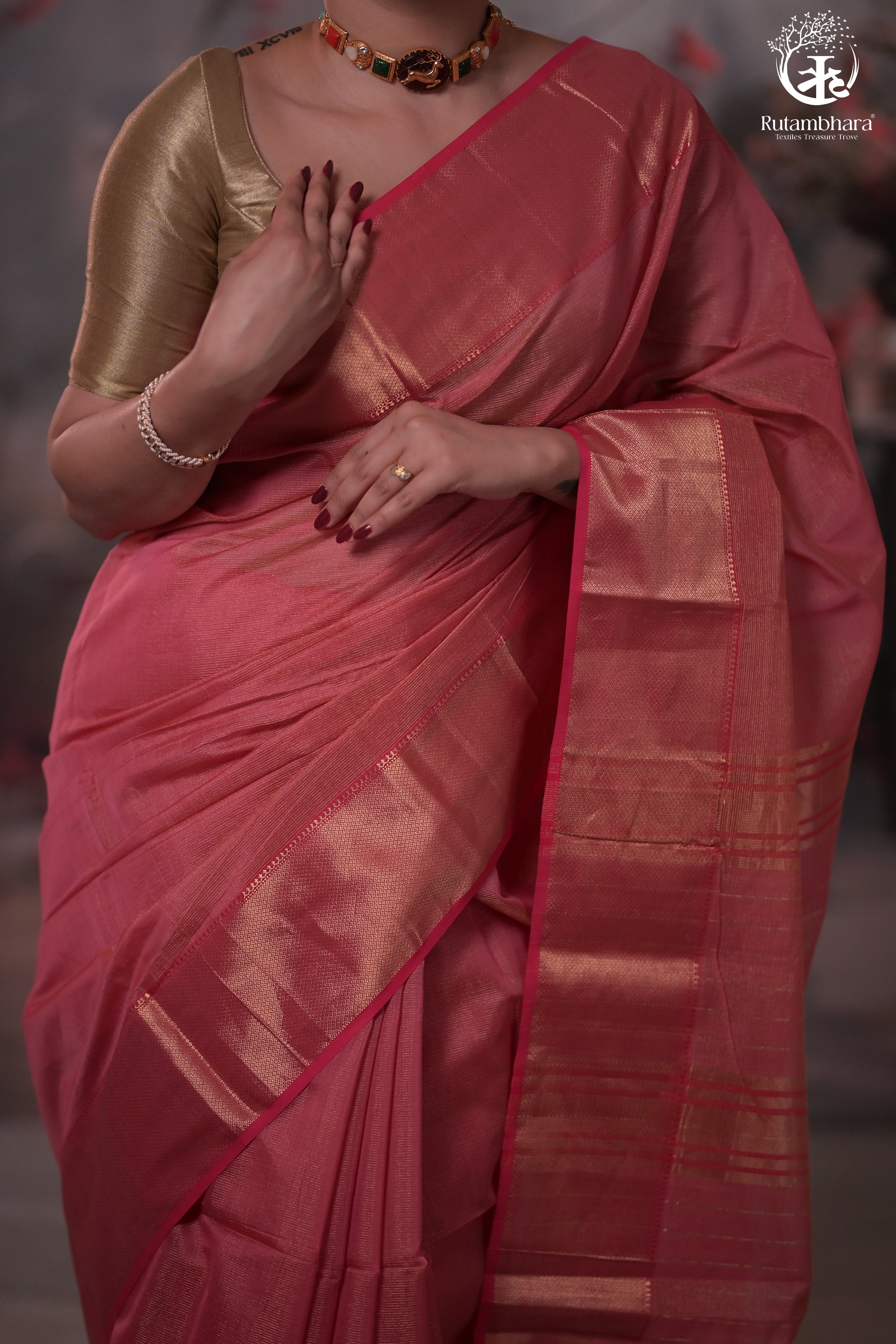 Narmaa - Light Pink Zari Tissue With Pink Selvedge And Gold Zari Chatai Border