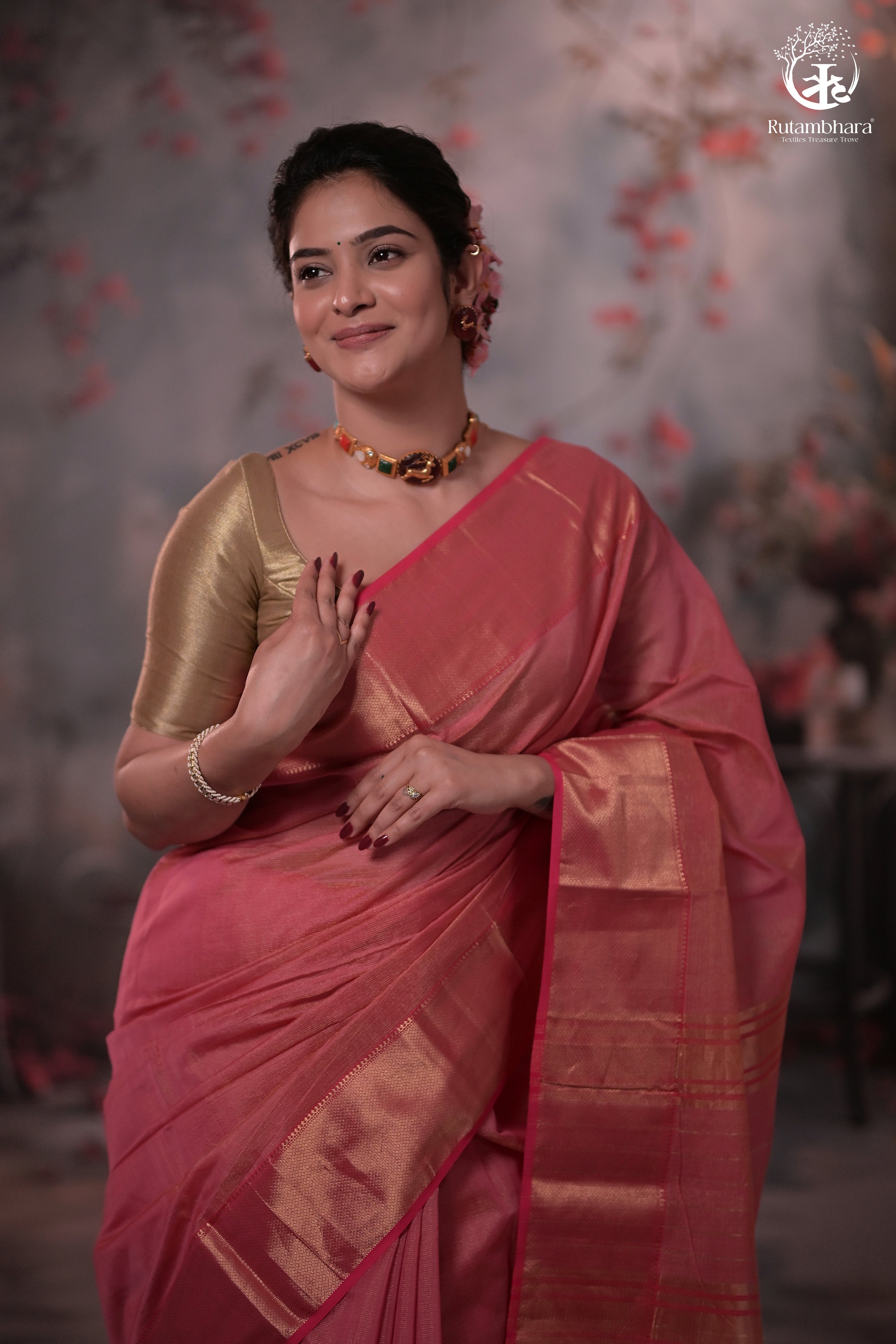 Narmaa - Light Pink Zari Tissue With Pink Selvedge And Gold Zari Chatai Border