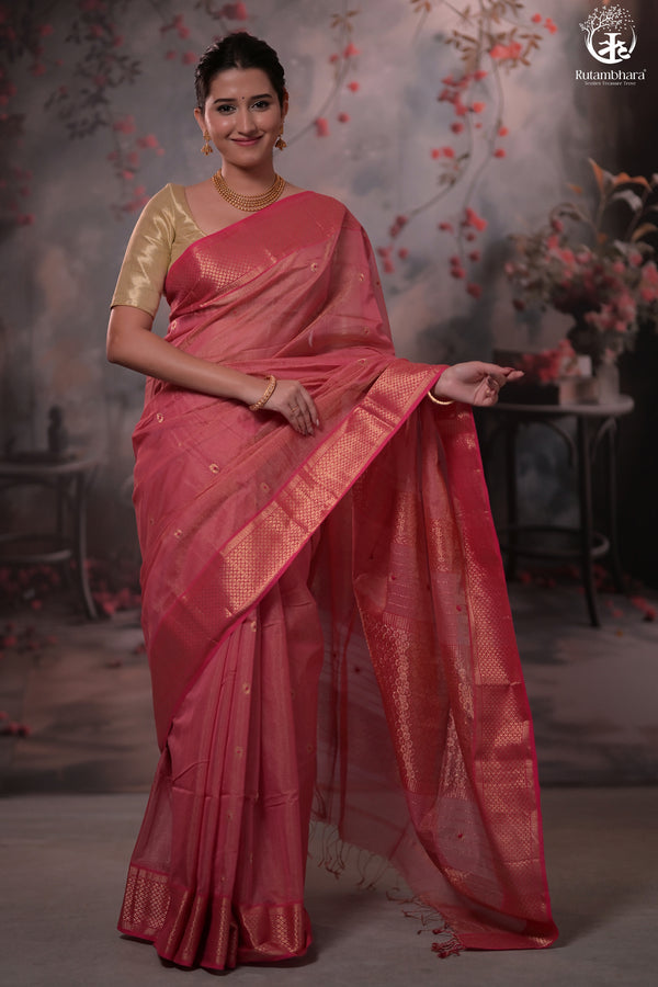 Narmaa - Pink Tissue With Zari Meena Butas Silk Cotton Saree-Rutambhara-RUTAMBHARA