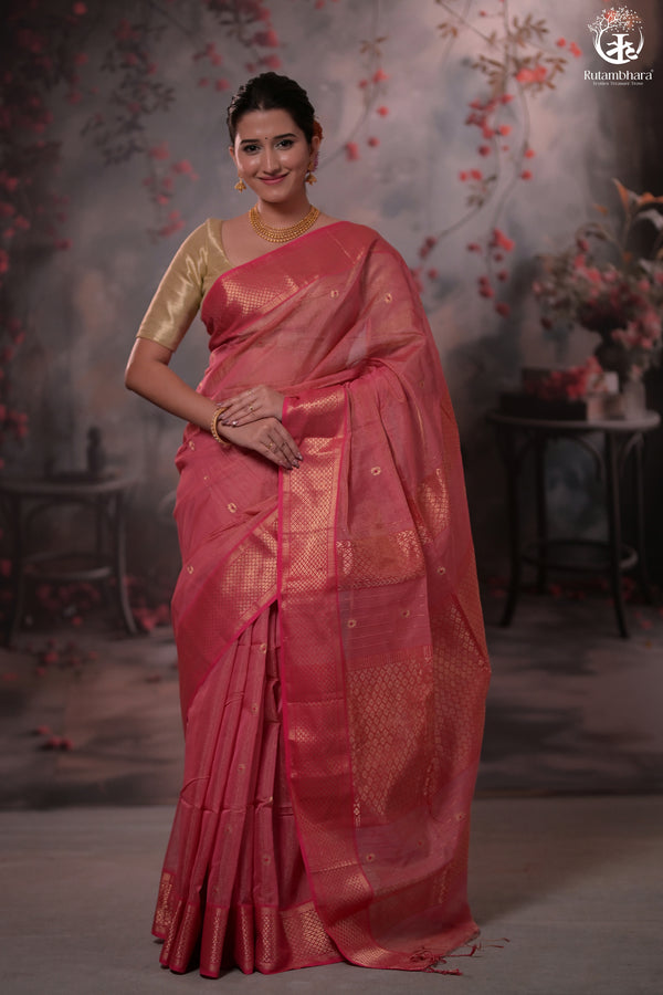 Narmaa - Pink Tissue With Zari Meena Butas Silk Cotton Saree-Rutambhara-RUTAMBHARA
