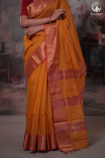 NARMAA - ORANGE ZARI TISSUE WITH PINK SELVEDGE AND GOLD ZARI CHATAI BORDER-Rutambhara-RUTAMBHARA
