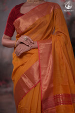 NARMAA - ORANGE ZARI TISSUE WITH PINK SELVEDGE AND GOLD ZARI CHATAI BORDER-Rutambhara-RUTAMBHARA