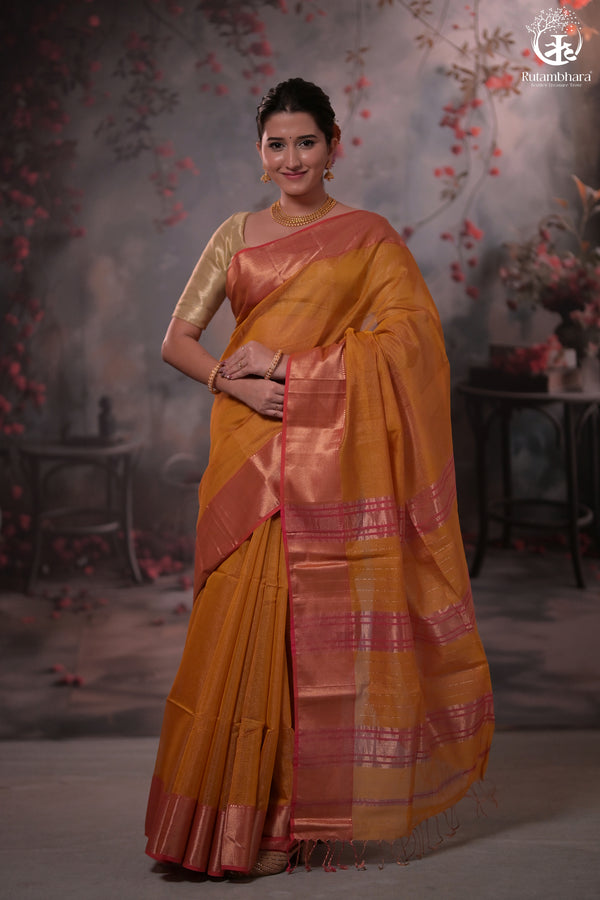 Narmaa - Mustard Yellow Zari Tissue With Pink Selvedge And Gold Zari Chatai Border-Rutambhara-RUTAMBHARA