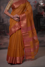 Narmaa - Mustard Yellow Zari Tissue With Pink Selvedge And Gold Zari Chatai Border-Rutambhara-RUTAMBHARA