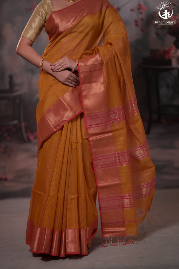 Narmaa - Mustard Yellow Zari Tissue With Pink Selvedge And Gold Zari Chatai Border-Rutambhara-RUTAMBHARA