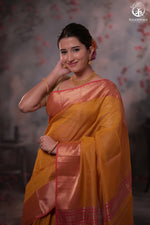 Narmaa - Mustard Yellow Zari Tissue With Pink Selvedge And Gold Zari Chatai Border-Rutambhara-RUTAMBHARA