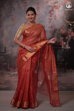 Narmaa - Festive Red Gold Tissue Checks Tissue Silk Cotton Saree With Gold Zari Lehar Border-Rutambhara-RUTAMBHARA