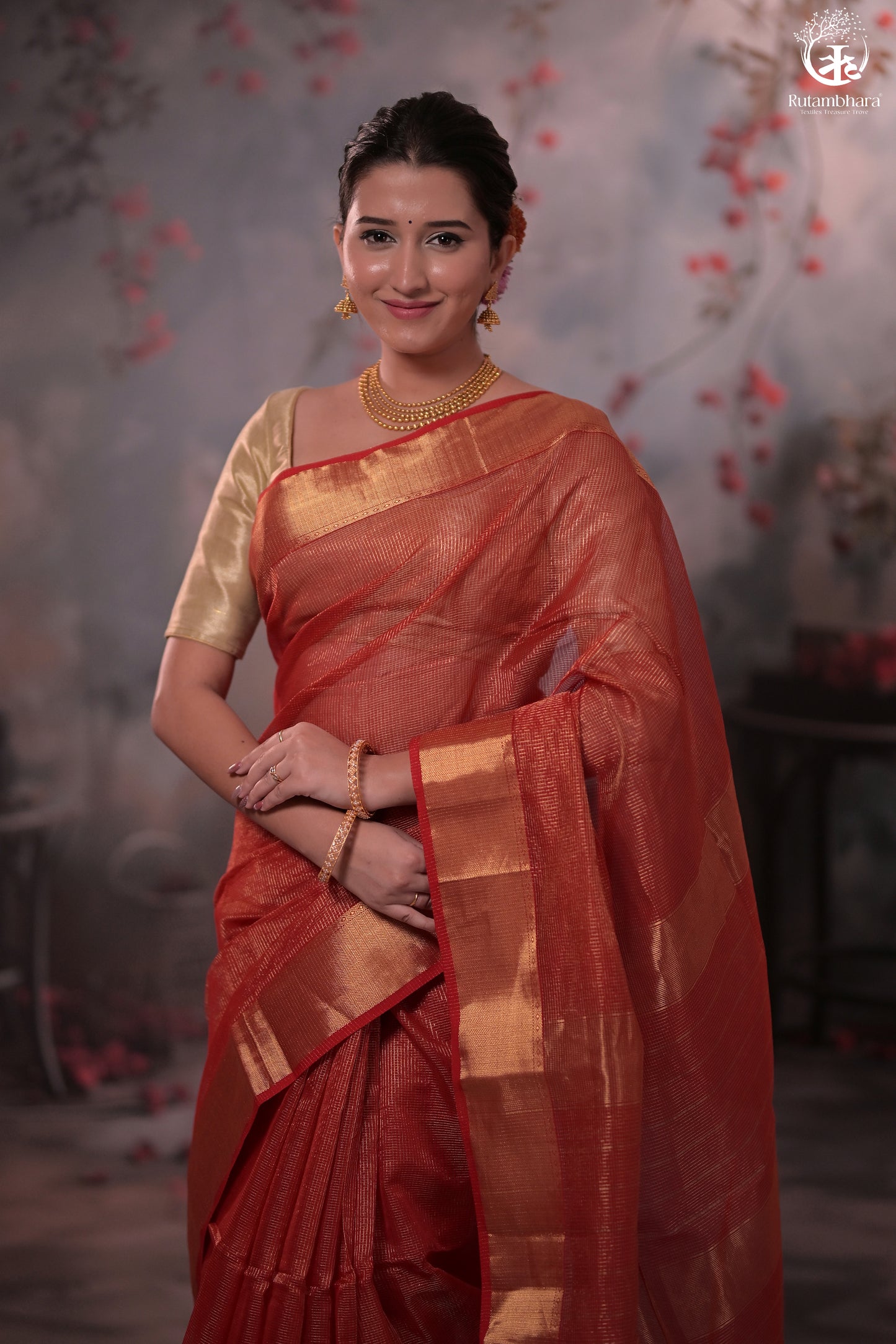 Narmaa - Festive Red Gold Tissue Checks Tissue Silk Cotton Saree With Gold Zari Lehar Border