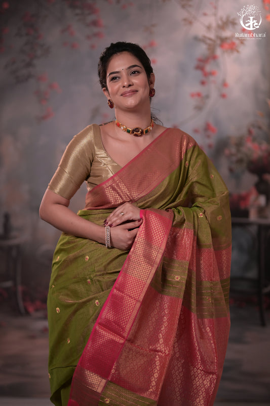 Narmaa - Green Tissue With Zari Meena Butas Silk Cotton Saree