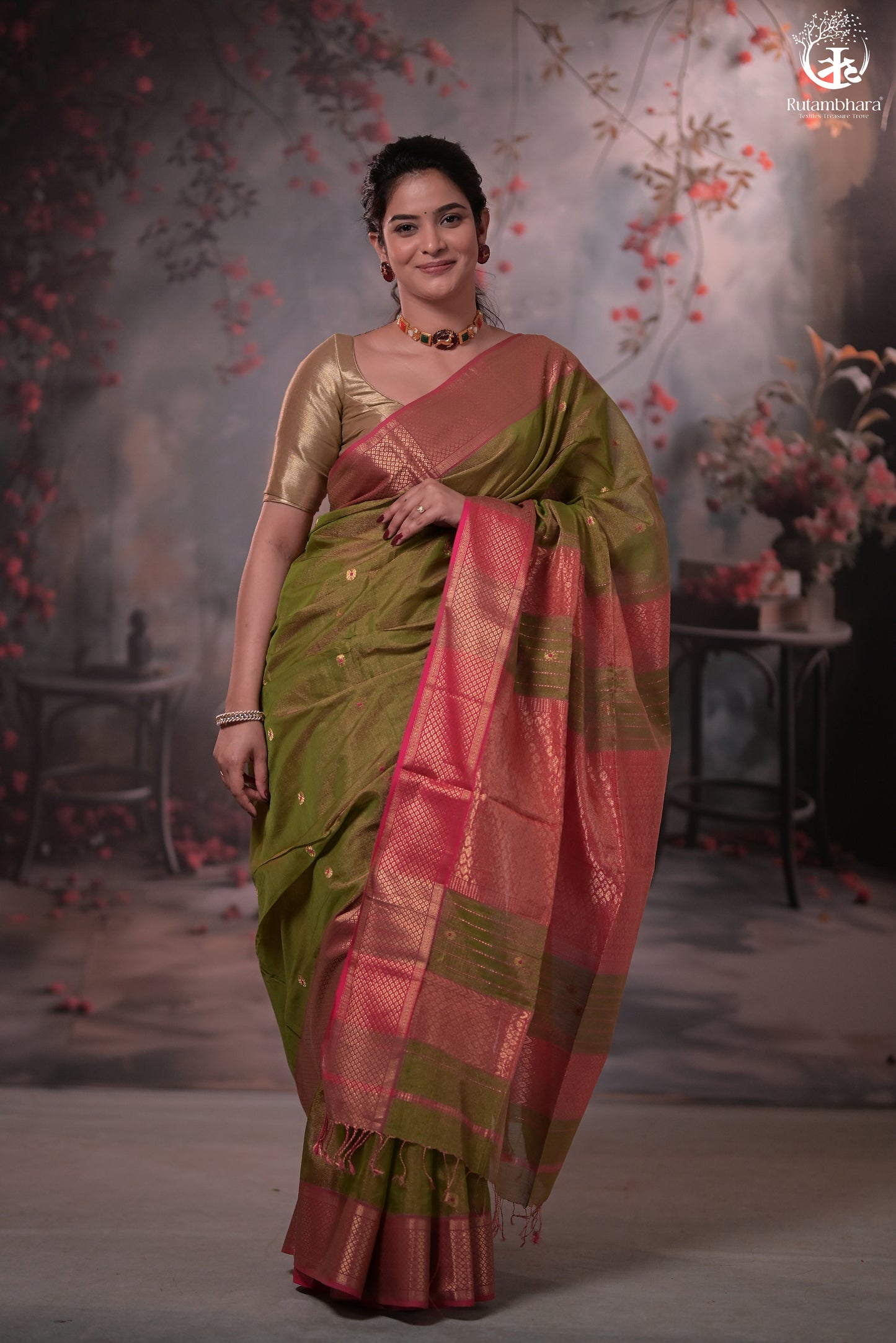 Narmaa - Green Tissue With Zari Meena Butas Silk Cotton Saree