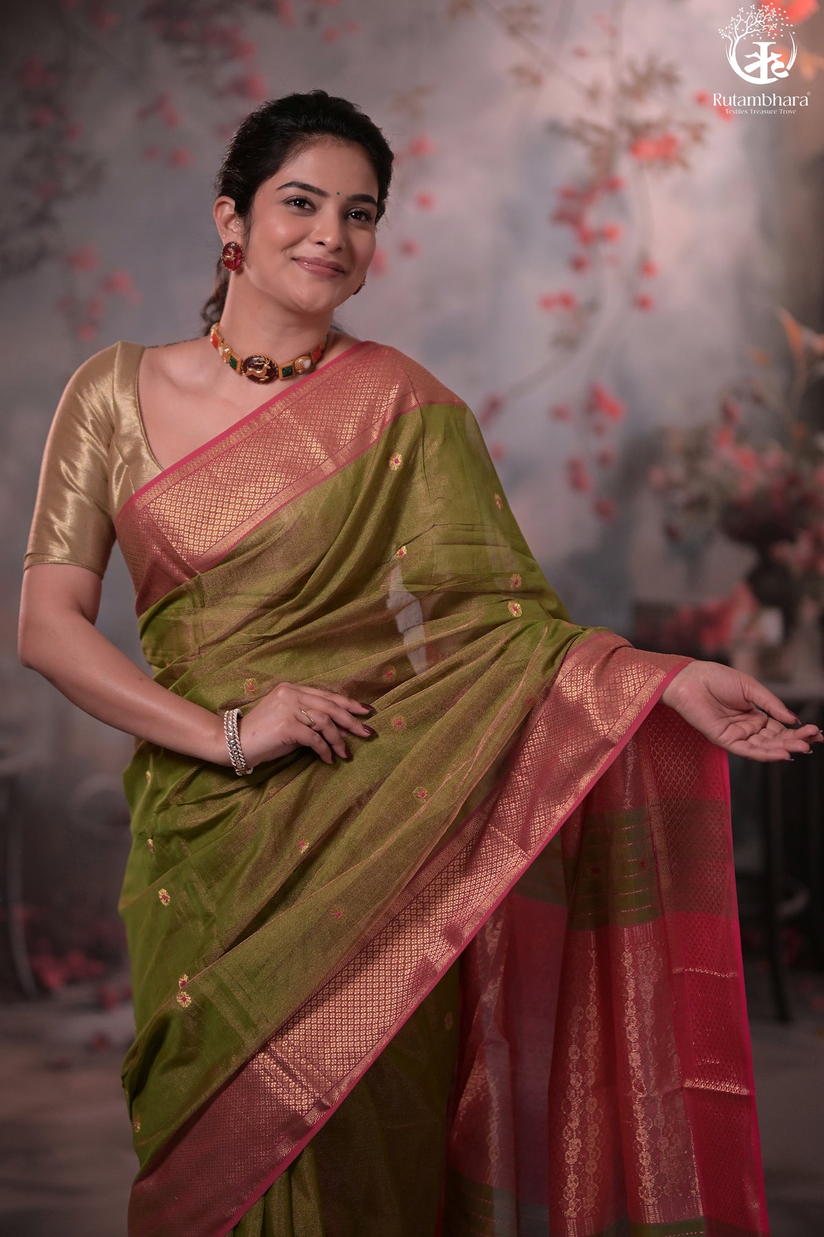 Narmaa - Green Tissue With Zari Meena Butas Silk Cotton Saree