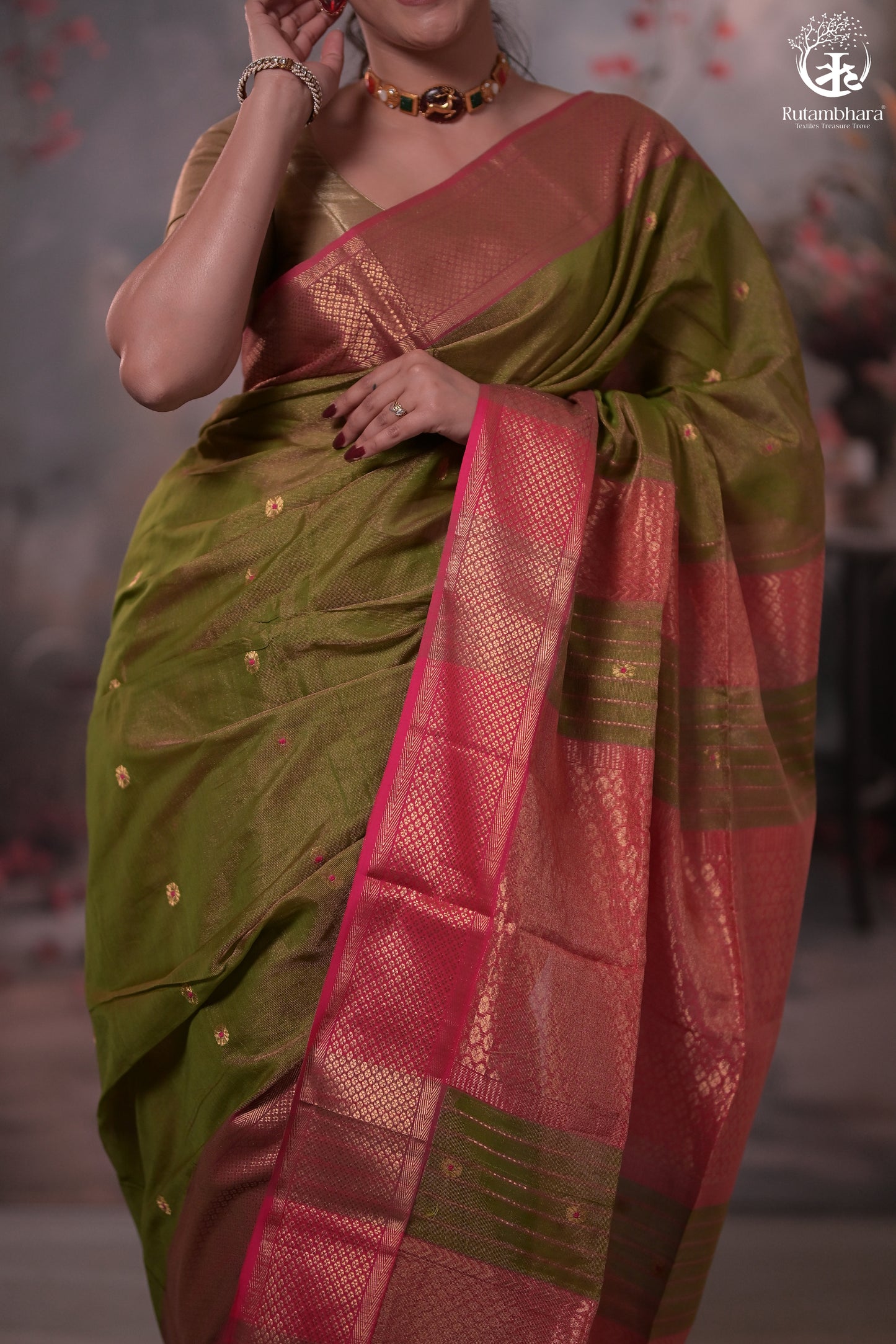 Narmaa - Green Tissue With Zari Meena Butas Silk Cotton Saree