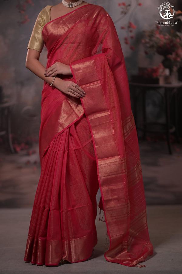 Narmaa - Rani Pink Zari Tissue With Deep Pink Selvedge And Gold Zari Chatai Border-Rutambhara-RUTAMBHARA