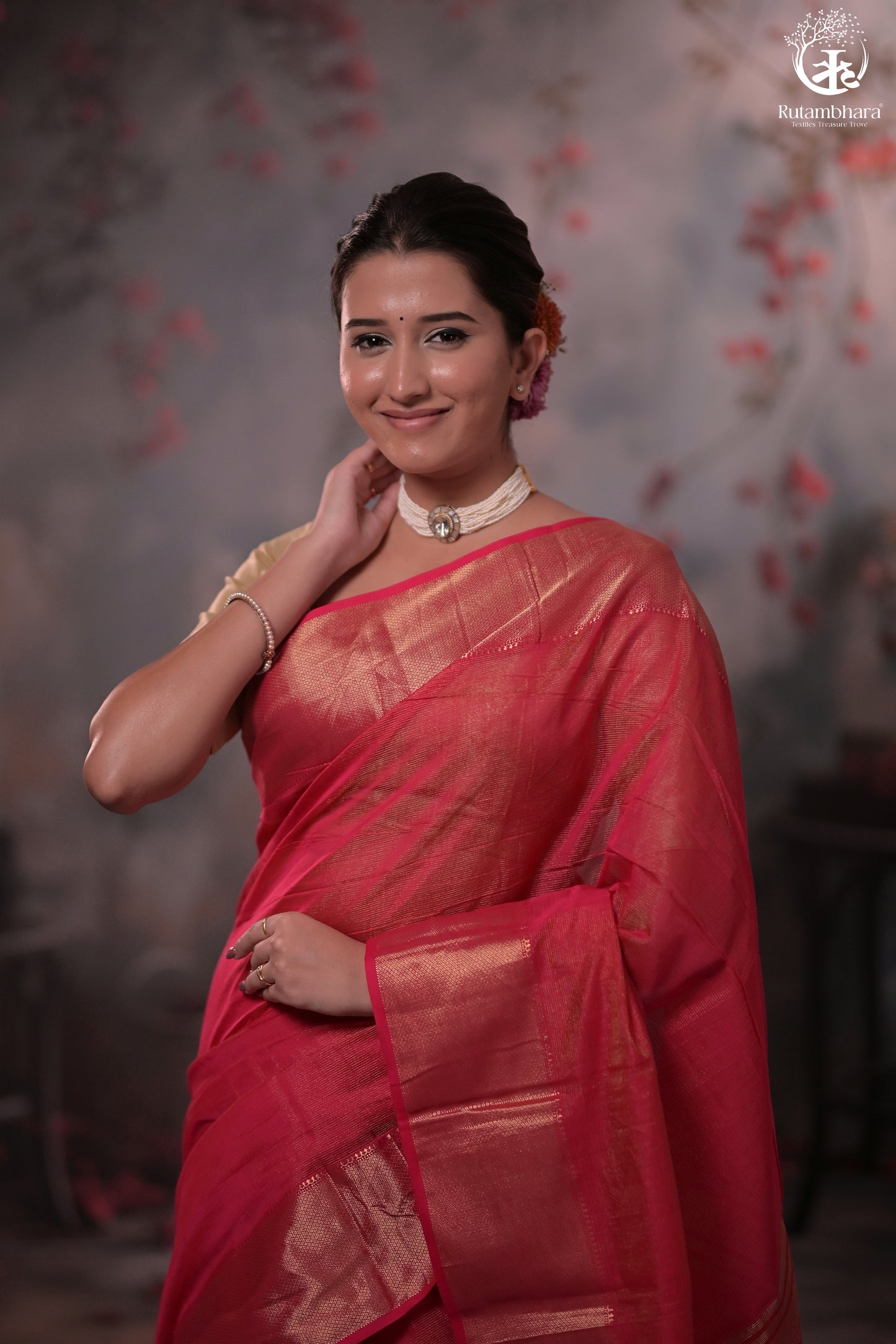 Narmaa - Rani Pink Zari Tissue With Deep Pink Selvedge And Gold Zari Chatai Border