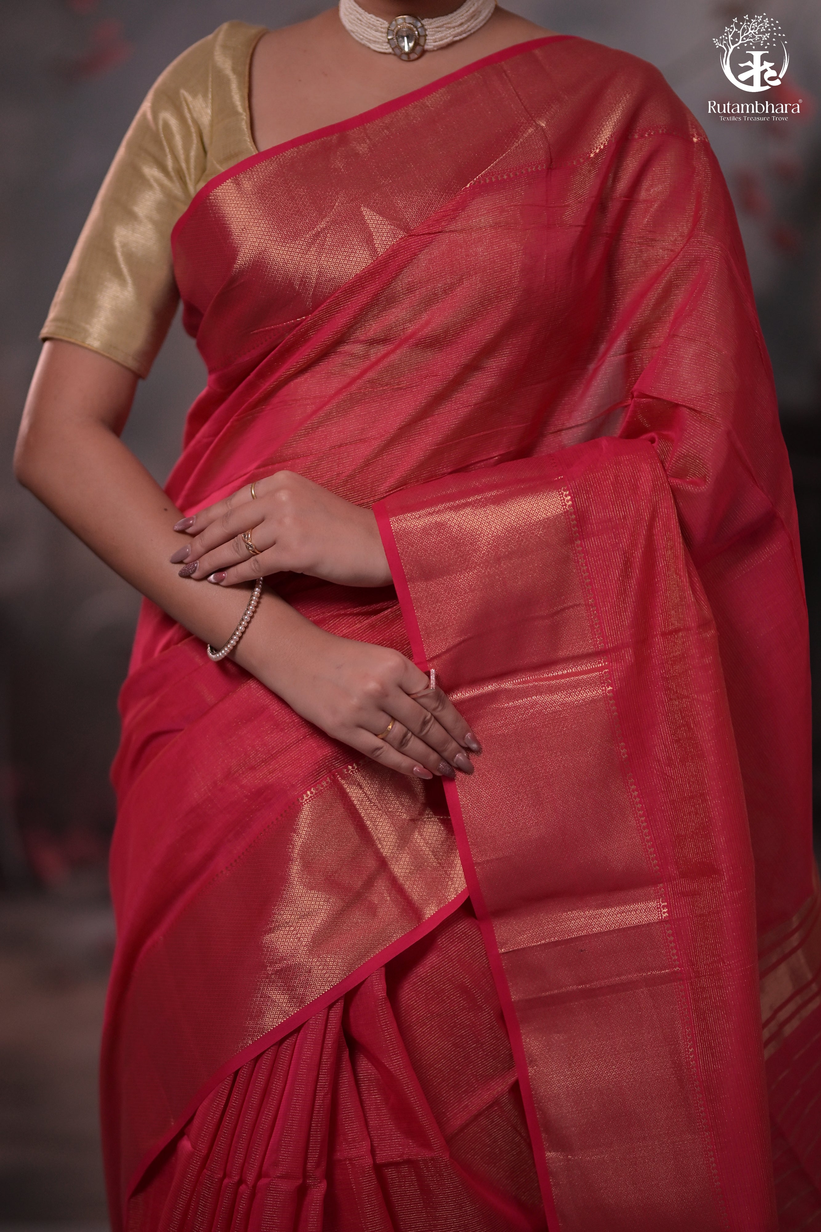 Narmaa - Rani Pink Zari Tissue With Deep Pink Selvedge And Gold Zari Chatai Border