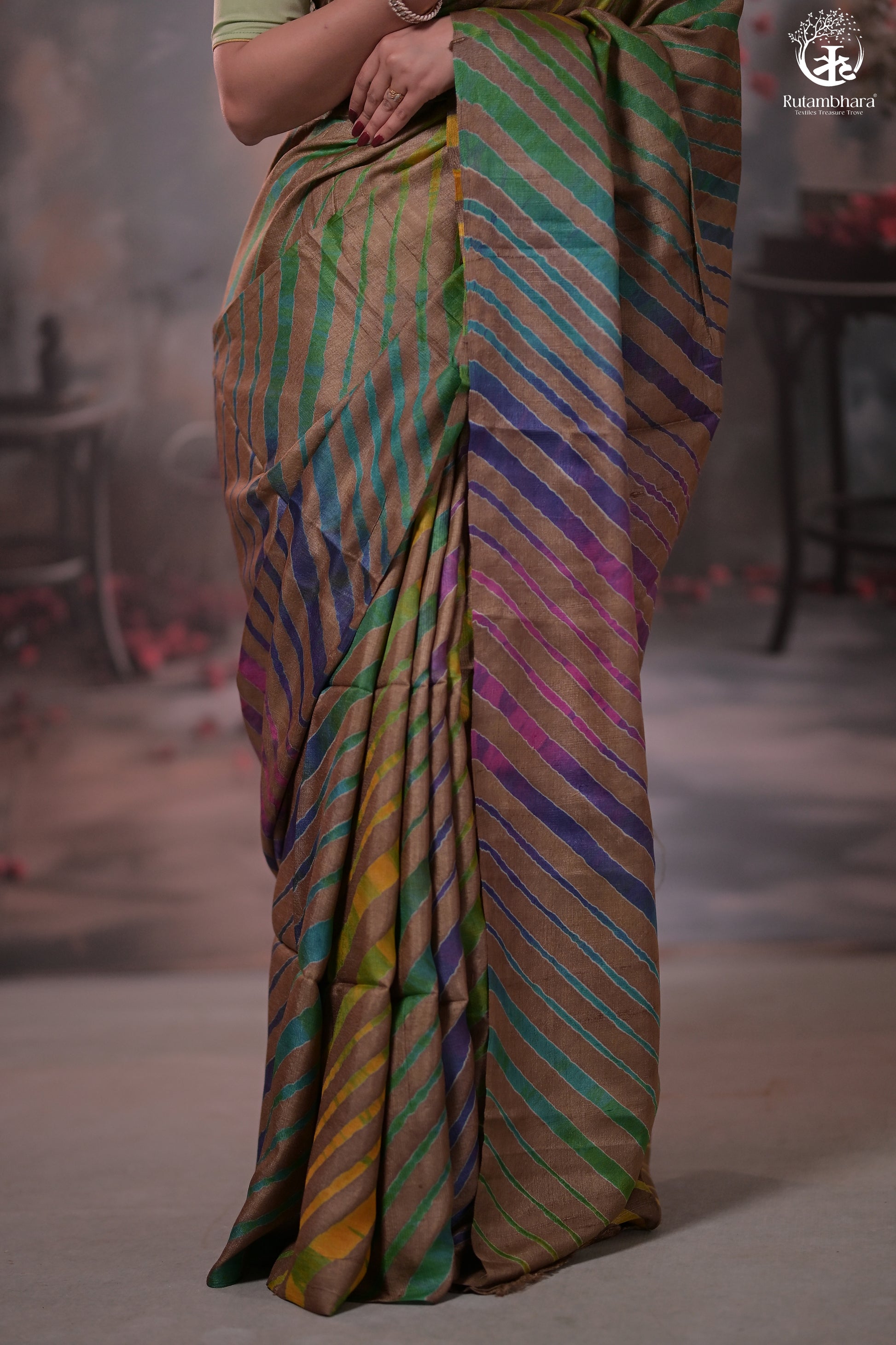 Dhanak - Light Brown Leheriya Saree In Tussar Silk-Rutambhara-RUTAMBHARA