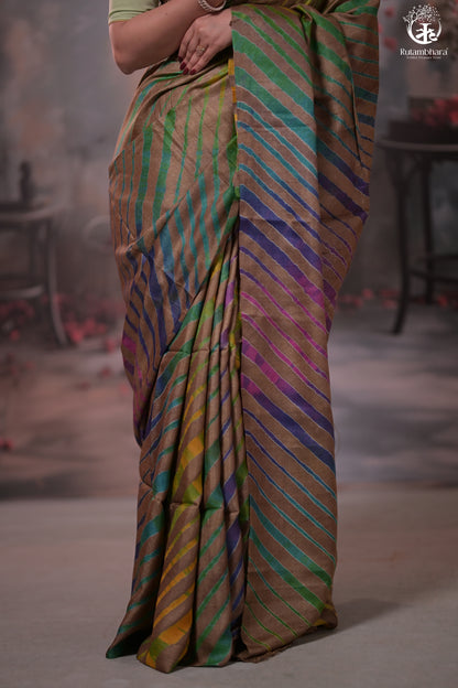 Dhanak - Light Brown Leheriya Saree In Tussar Silk-Rutambhara-RUTAMBHARA