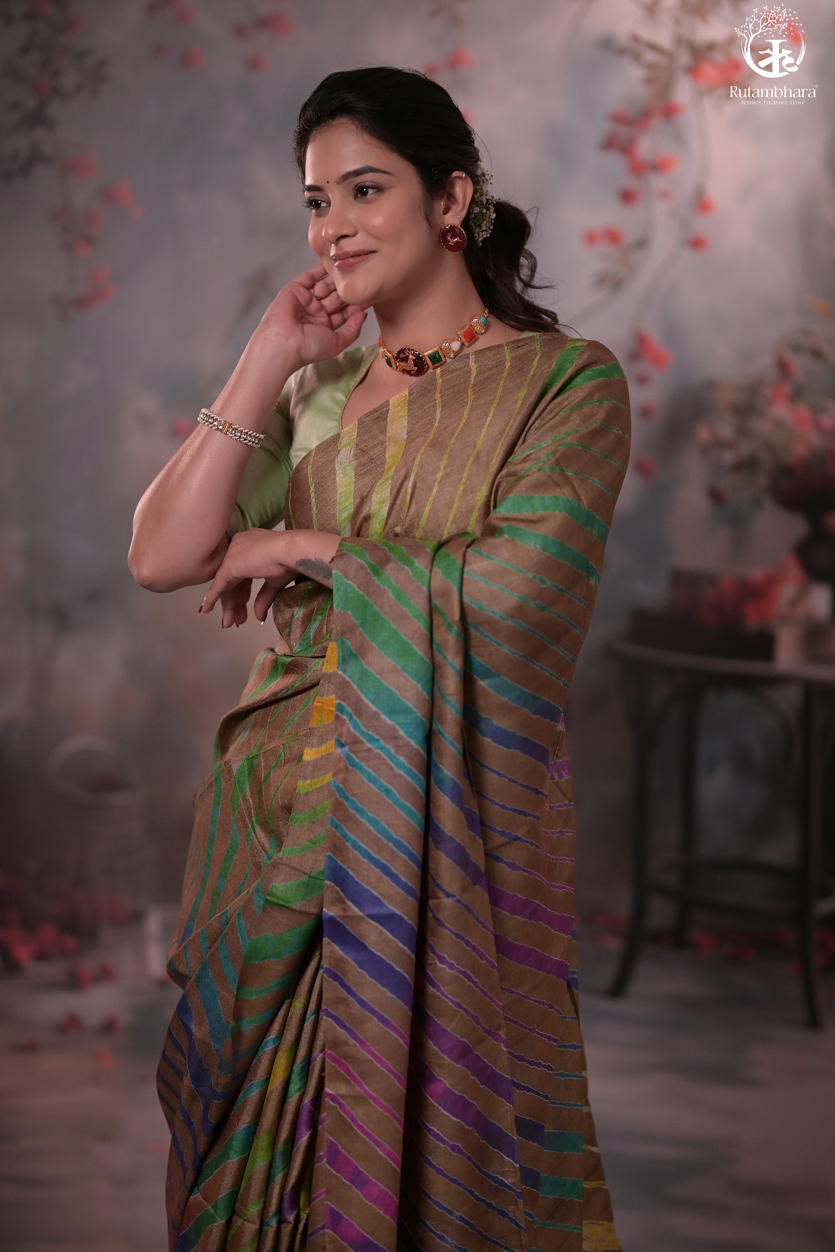 Dhanak - Light Brown Leheriya Saree In Tussar Silk