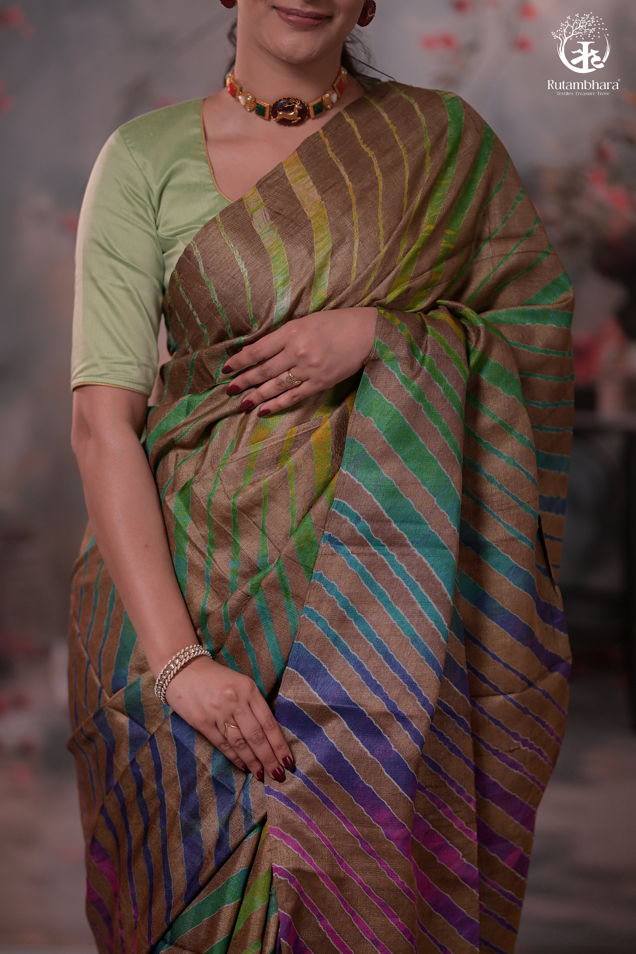 Dhanak - Light Brown Leheriya Saree In Tussar Silk