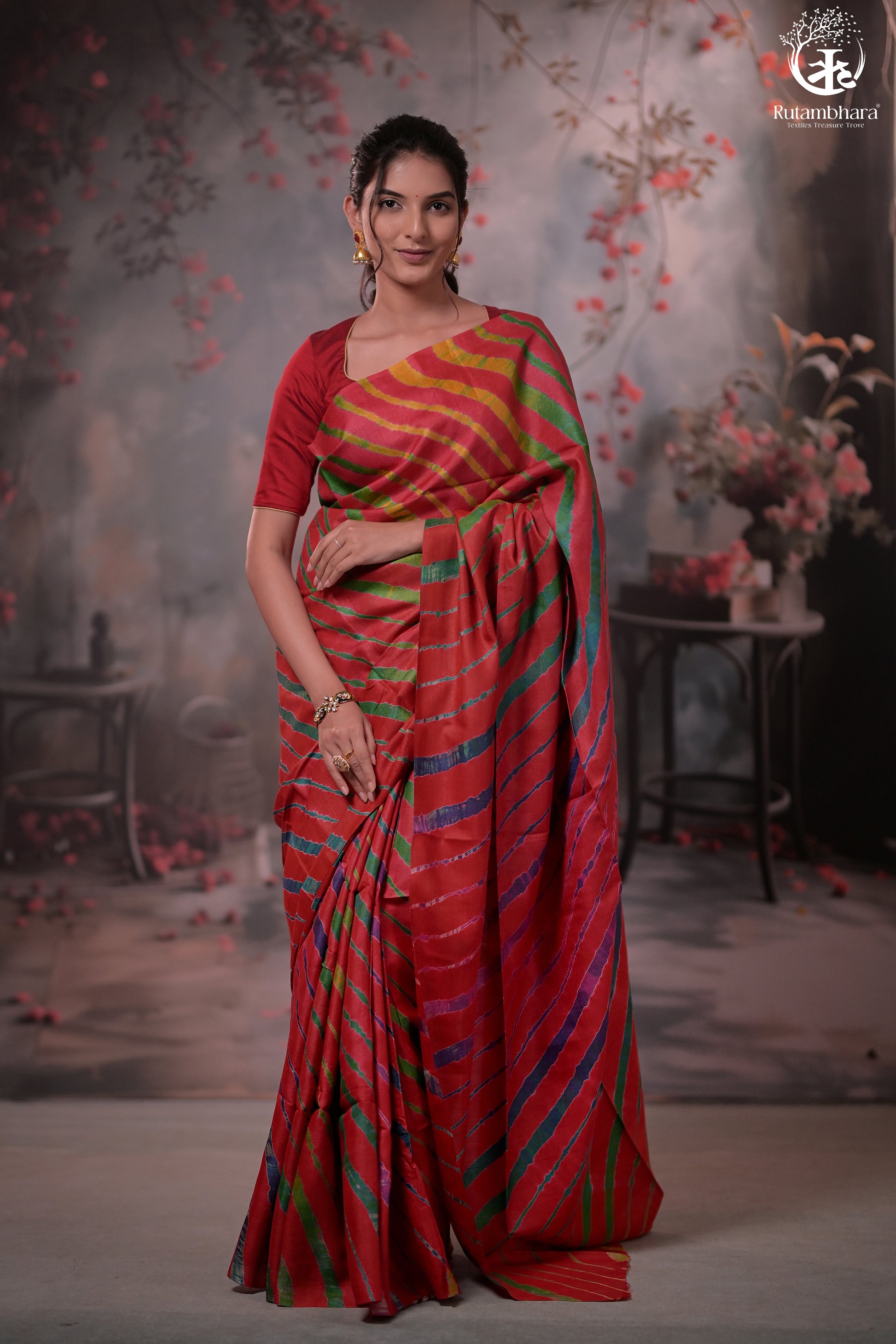 Dhanak - Red Leheriya Saree In Tussar Silk-Rutambhara-RUTAMBHARA