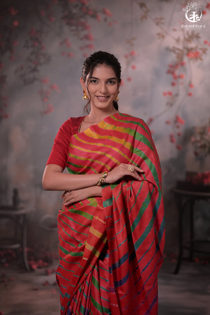 Dhanak - Red Leheriya Saree In Tussar Silk-Rutambhara-RUTAMBHARA