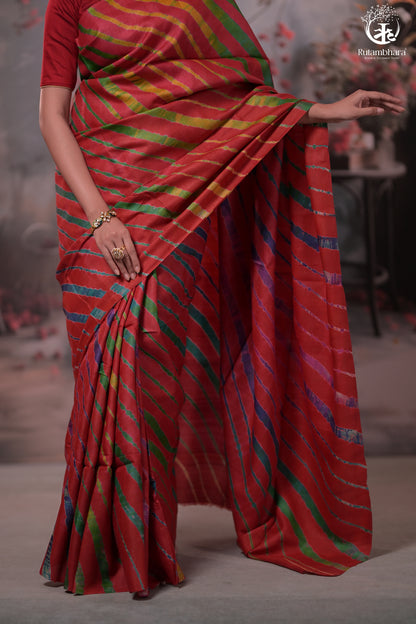 Dhanak - Red Leheriya Saree In Tussar Silk-Rutambhara-RUTAMBHARA