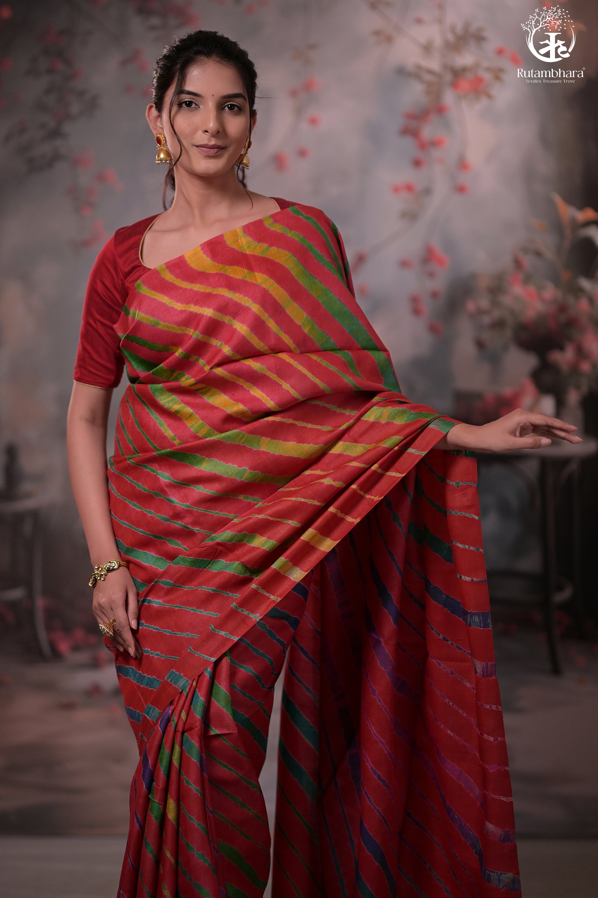 Dhanak - Red Leheriya Saree In Tussar Silk-Rutambhara-RUTAMBHARA
